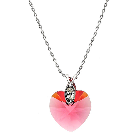 Rhodium Plated Pendant Necklace, Heart Design, with Padparadscha Swarovski Crystals and White Micro Pave, Polished, Rhodium