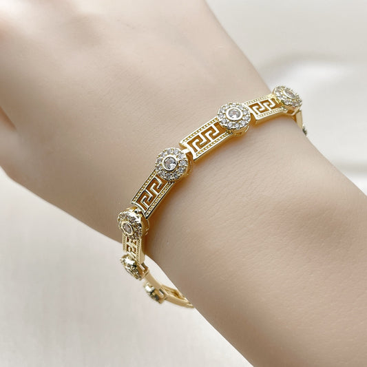 Oro Laminado Fancy Bracelet, Gold Filled Style Greek Key and Cluster Design, with White Cubic Zirconia, Polished, Golden Finish