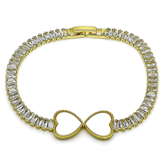 Gold Plated Gold Filled Oro Laminado Oro Laminado Fancy Bracelet, Gold Filled Style Heart and Baguette Design, with Ivory Mother of Pearl and White Cubic Zirconia, Polished, Golden 