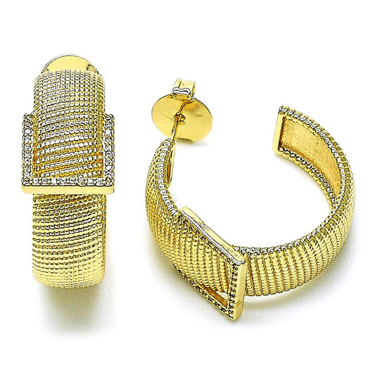 Gold Plated Gold Filled Oro Laminado Oro Laminado Medium Hoop, Gold Filled Style Belt Buckle Design, with White Micro Pave, Diamond Cutting 
