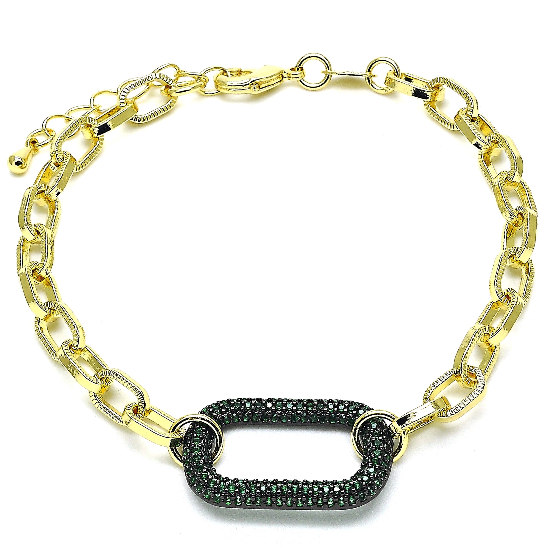 Oro Laminado Fancy Bracelet, Gold Filled Style Paperclip Design, with Green Micro Pave, Polished, Black Rhodium Finish