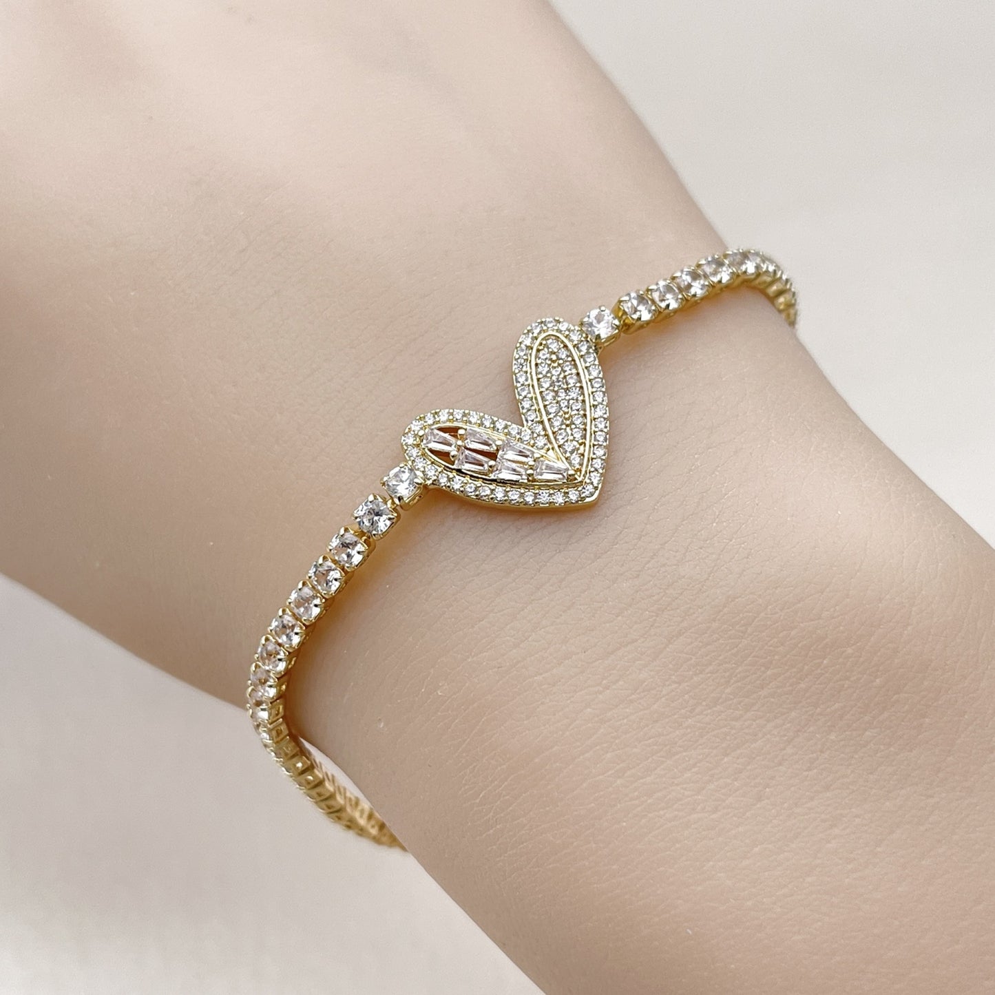 Oro Laminado Fancy Bracelet, Gold Filled Style Heart and Baguette Design, with White Cubic Zirconia and White Micro Pave, Polished, Golden