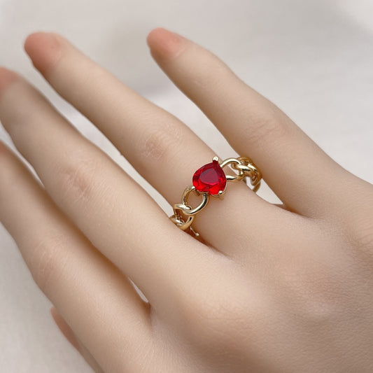 Oro Laminado Multi Stone Ring, Gold Filled Style Heart and Curb Design, with Garnet Cubic Zirconia, Polished, Golden