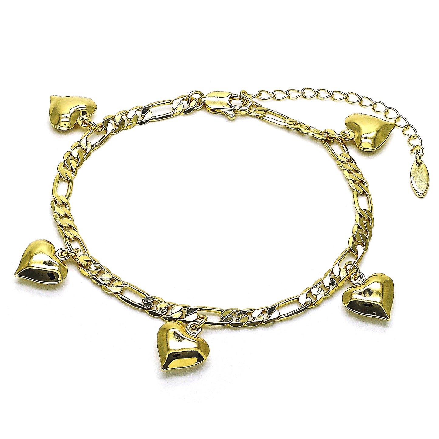 Oro Laminado Charm Anklet , Gold Filled Style Heart and Figaro Design, Polished, Golden Finish