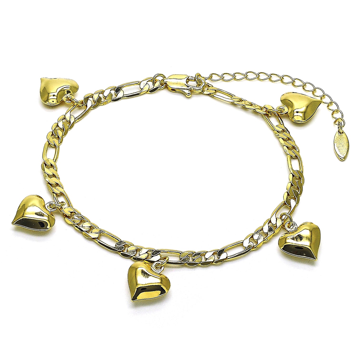 Oro Laminado Charm Anklet , Gold Filled Style Heart and Figaro Design, Polished, Golden Finish