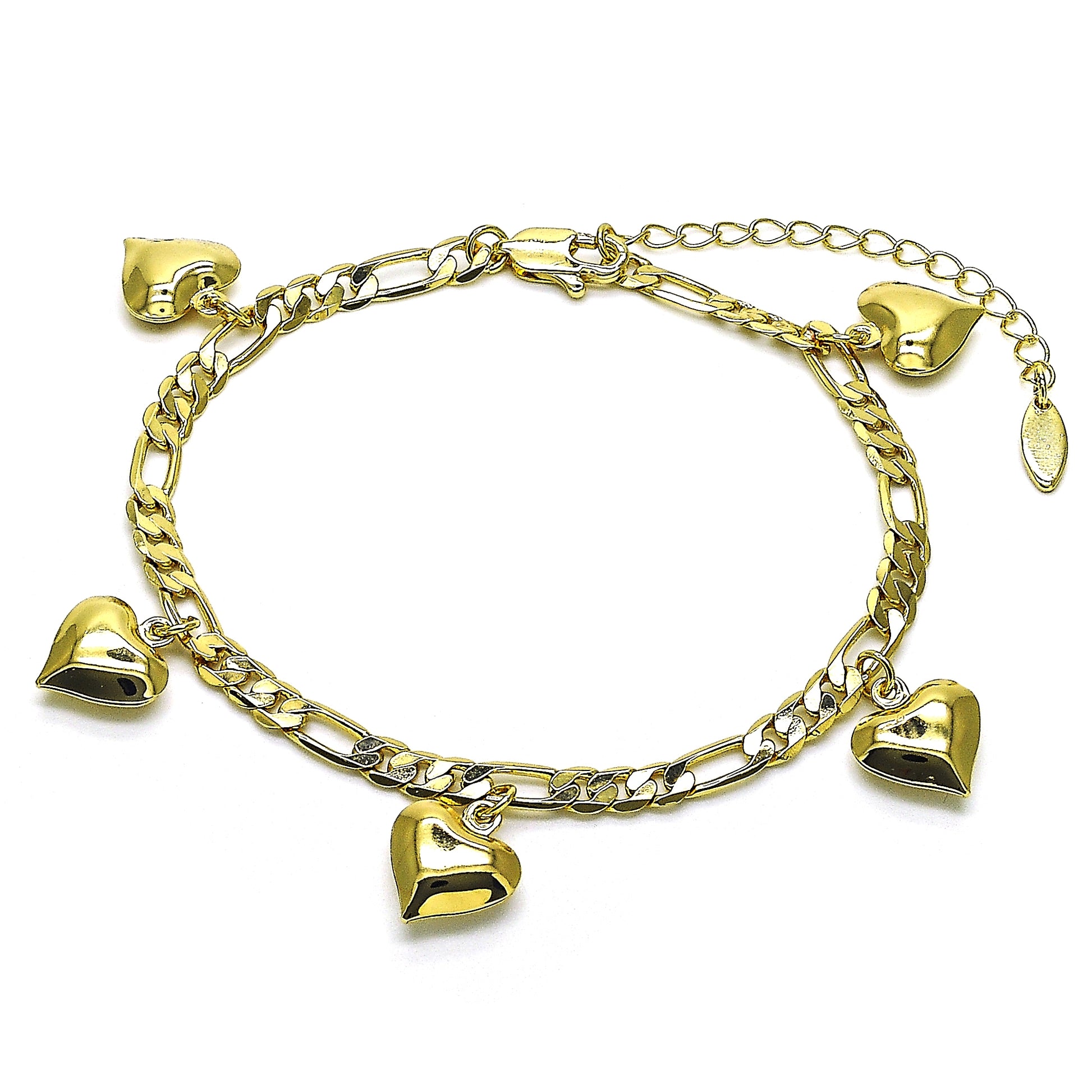 Oro Laminado Charm Anklet , Gold Filled Style Heart and Figaro Design, Polished, Golden Finish