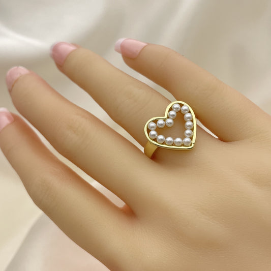Oro Laminado Multi Stone Ring, Gold Filled Style Heart Design, with Ivory Pearl, Polished, Golden Finish
