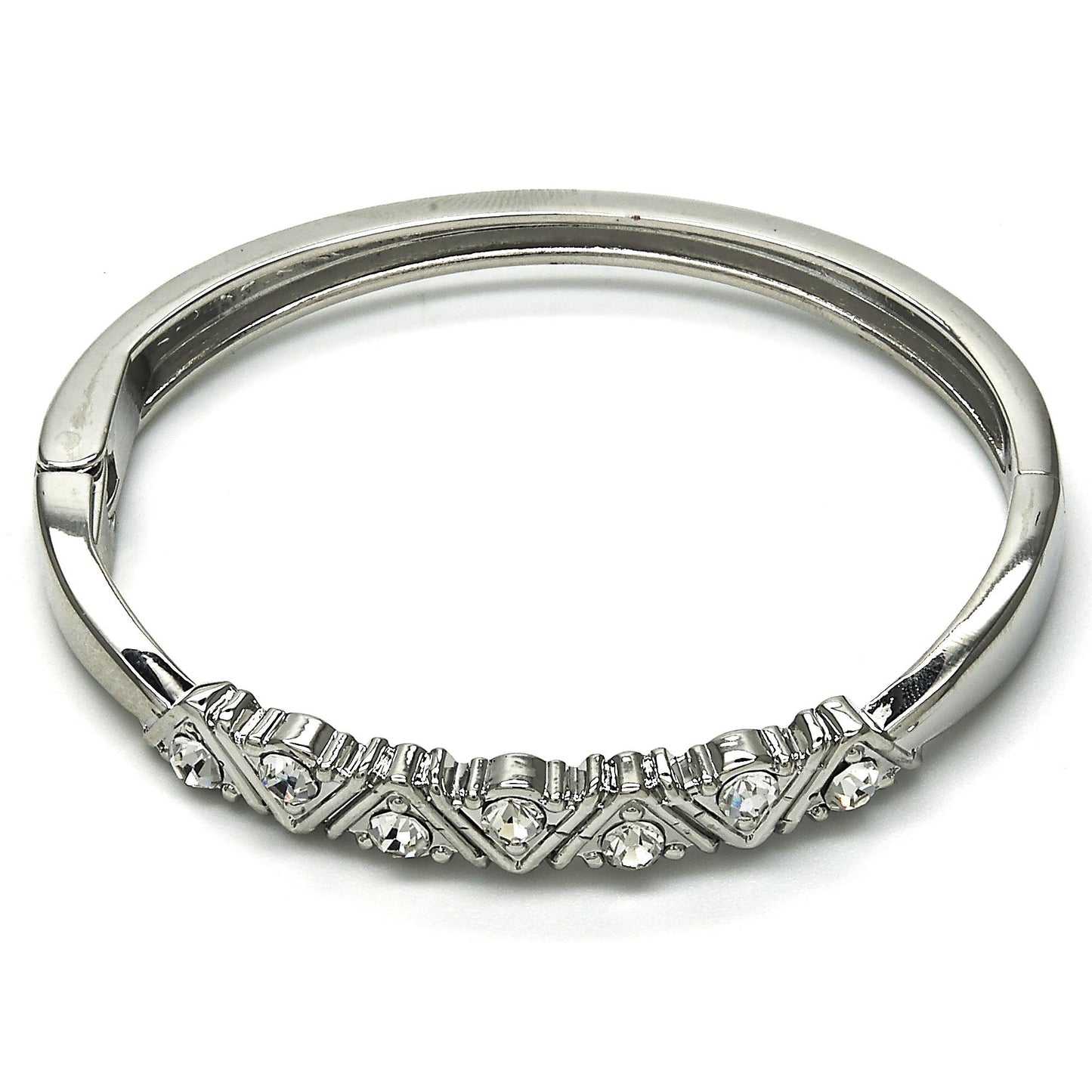 Rhodium Plated Individual Bangle, with White Crystal, Polished, Rhodium Finish