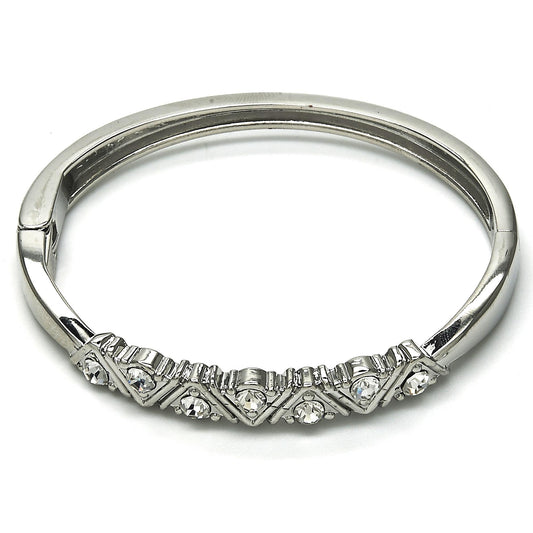 Rhodium Plated Individual Bangle, with White Crystal, Polished, Rhodium Finish