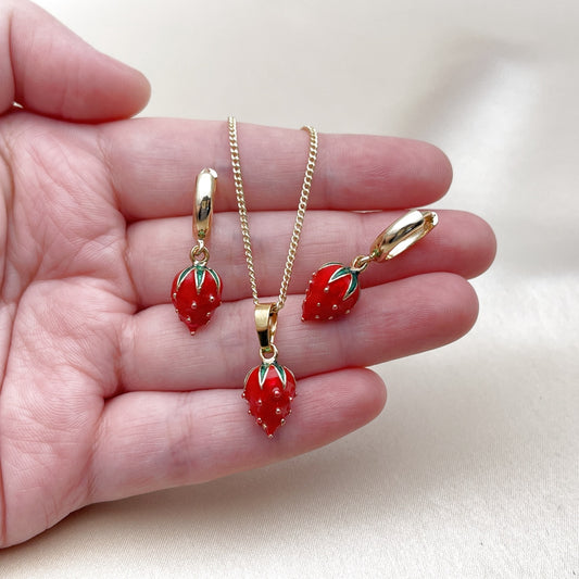 Oro Laminado Earring and Pendant Adult Set, Gold Filled Style Strawberry Design, Polished, Golden