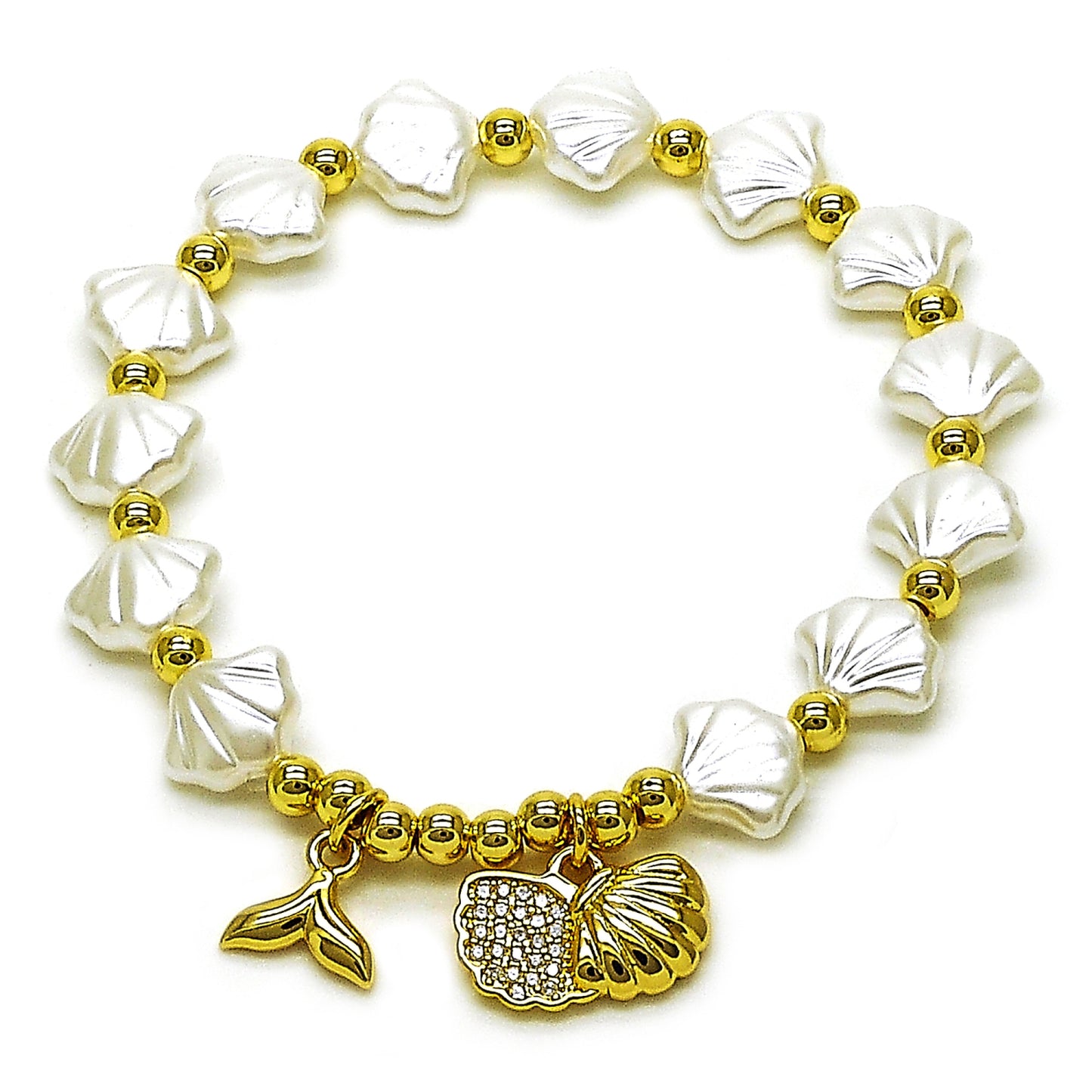 Oro Laminado Fancy Bracelet, Gold Filled Style Shell and Fish Design, with Ivory Pearl and White Micro Pave, Polished, Golden Finish