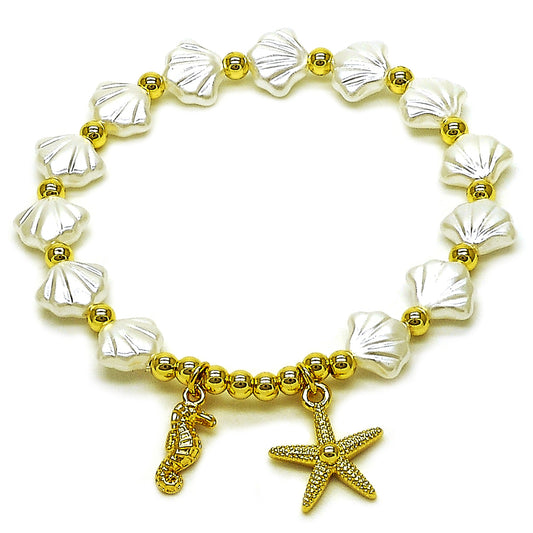 Oro Laminado Fancy Bracelet, Gold Filled Style Star Design, with Ivory Pearl, Polished, Golden Finish