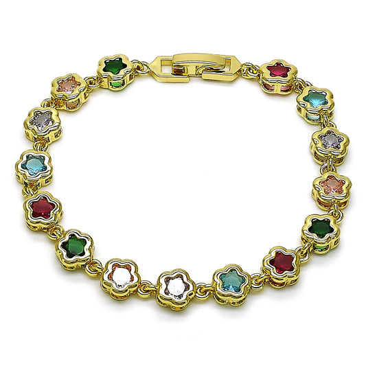 Gold Plated Gold Filled Oro Laminado Oro Laminado Fancy Bracelet, Gold Filled Style Flower Design, with Multicolor Cubic Zirconia, Polished, Golden 