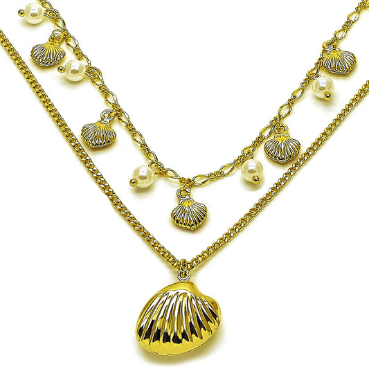 Oro Laminado Fancy Necklace, Gold Filled Style Shell and Miami Cuban Design, with Ivory Pearl, Polished, Golden Finish
