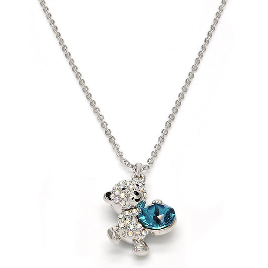 Rhodium Plated Pendant Necklace, Teddy Bear Design, with Blue Zircon and Aurore Boreale Swarovski Crystals, Black Enamel Finish