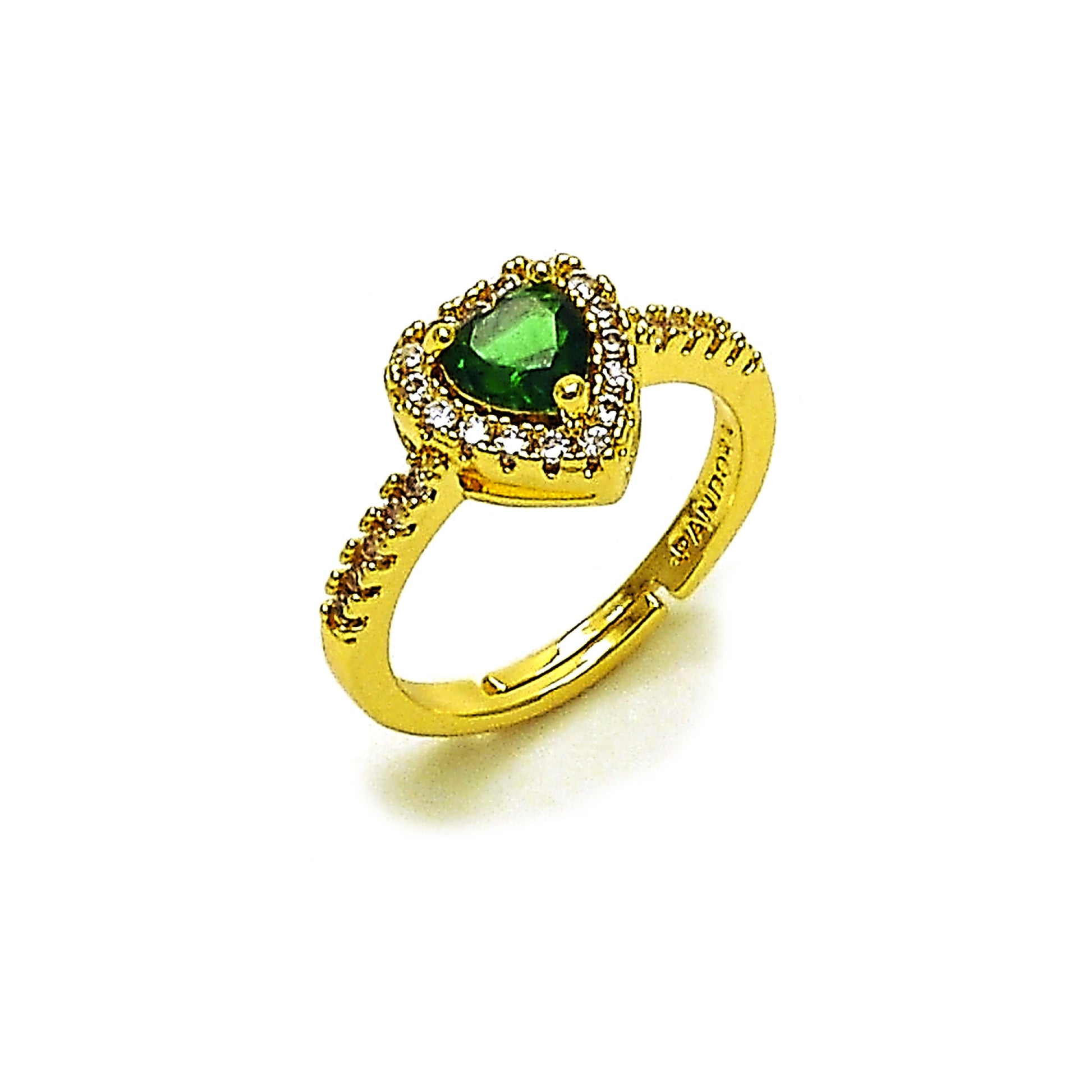 Oro Laminado Wedding Ring, Gold Filled Style Heart and Cluster Design, with Green and White Cubic Zirconia, Polished, Golden Finish