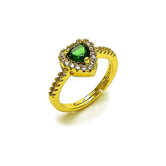 Oro Laminado Wedding Ring, Gold Filled Style Heart and Cluster Design, with Green and White Cubic Zirconia, Polished, Golden Finish