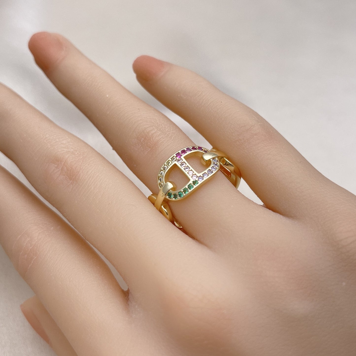 Oro Laminado Multi Stone Ring, Gold Filled Style Mariner Design, with Multicolor Micro Pave, Polished, Golden Finish