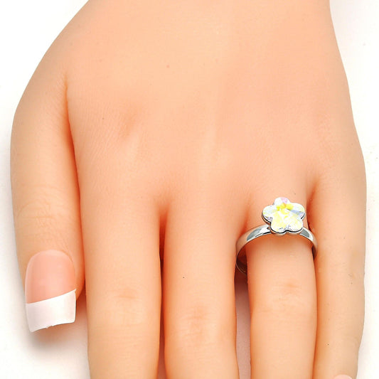 Rhodium Plated Multi Stone Ring, Flower Design, with Aurore Boreale Swarovski Crystals, Polished, Rhodium Finish