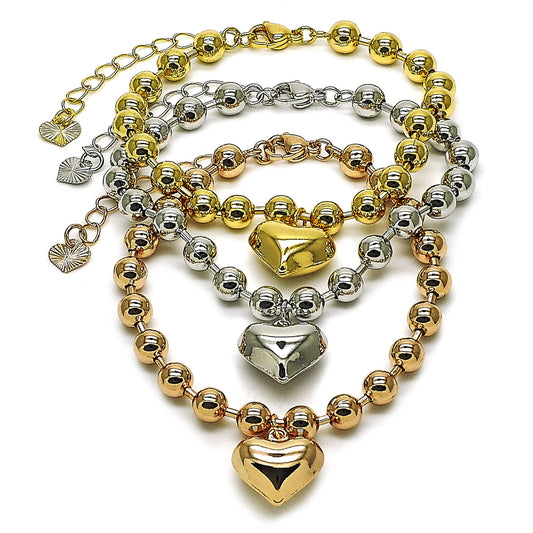 Gold Plated Gold Filled Oro Laminado Oro Laminado Fancy Bracelet, Gold Filled Style Heart and Ball Design, Polished, Tricolor, 03.282.0010.07