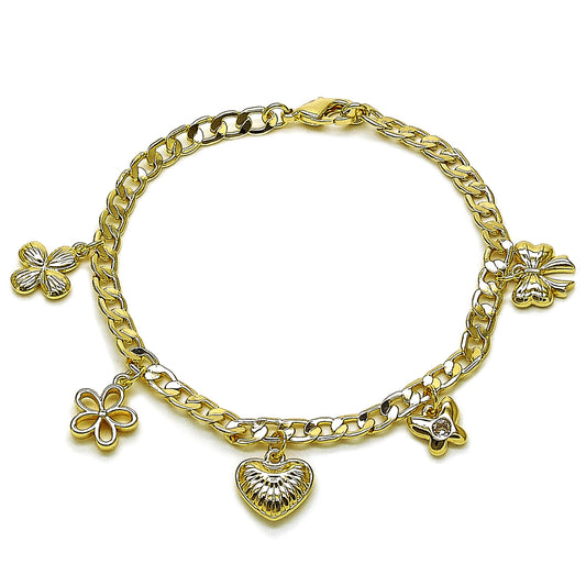 Gold Plated Gold Filled Oro Laminado Oro Laminado Charm Bracelet, Gold Filled Style Heart and Butterfly Design, Polished, Golden 