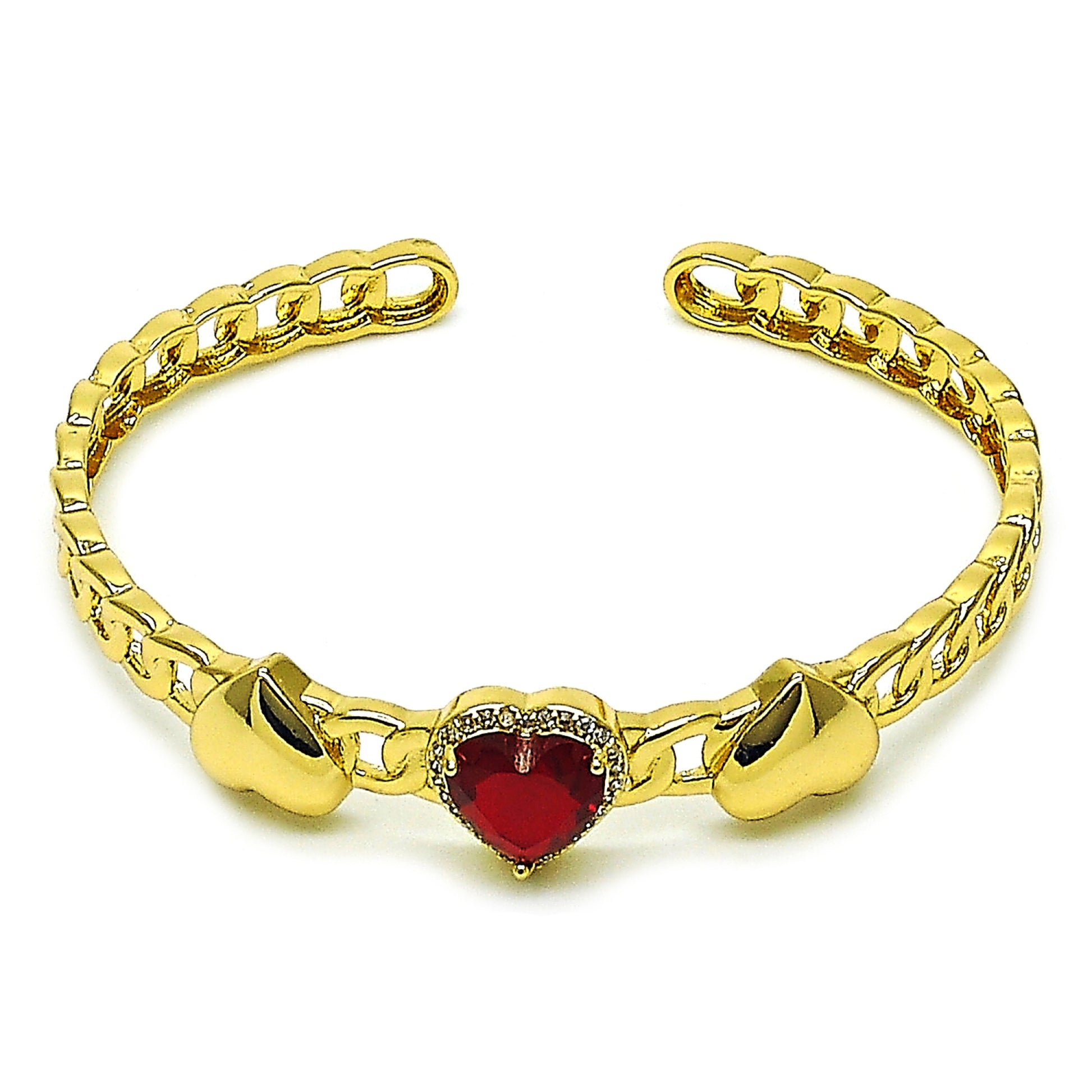 Gold Plated Gold Filled Oro Laminado Oro Laminado Individual Bangle, Gold Filled Style Heart and Cluster Design, with Garnet Cubic Zirconia and White Micro Pave, Polished, Golden 
