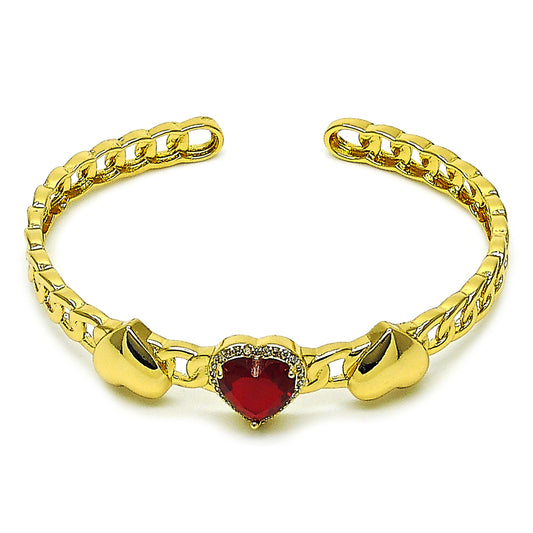 Gold Plated Gold Filled Oro Laminado Oro Laminado Individual Bangle, Gold Filled Style Heart and Cluster Design, with Garnet Cubic Zirconia and White Micro Pave, Polished, Golden 