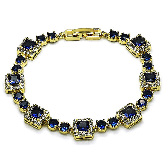 Oro Laminado Tennis Bracelet, Gold Filled Style Cluster Design, with Sapphire Blue and White Cubic Zirconia, Polished, Golden Finish