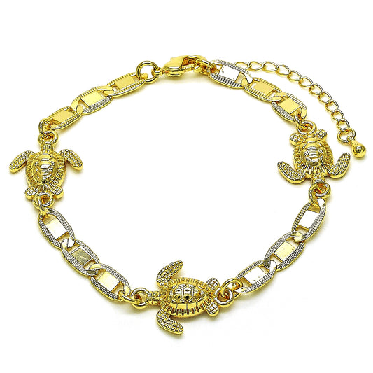 Gold Plated Gold Filled Oro Laminado Oro Laminado Fancy Bracelet, Gold Filled Style Mariner and Turtle Design, Polished, Golden 