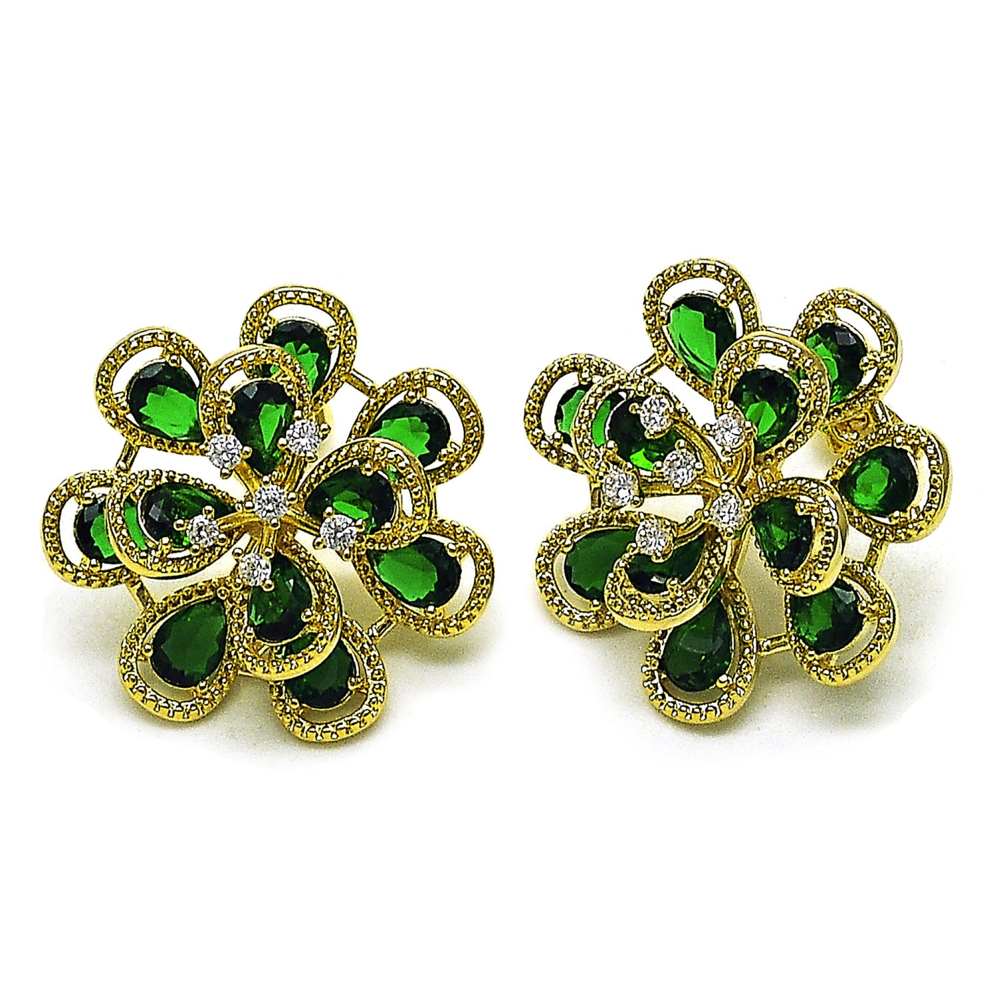 Gold Plated Gold Filled Oro Laminado Oro Laminado Stud Earring, Gold Filled Style Flower and Teardrop Design, with Green and White Cubic Zirconia, Diamond Cutting 