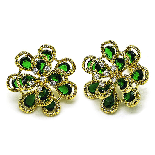 Gold Plated Gold Filled Oro Laminado Oro Laminado Stud Earring, Gold Filled Style Flower and Teardrop Design, with Green and White Cubic Zirconia, Diamond Cutting 