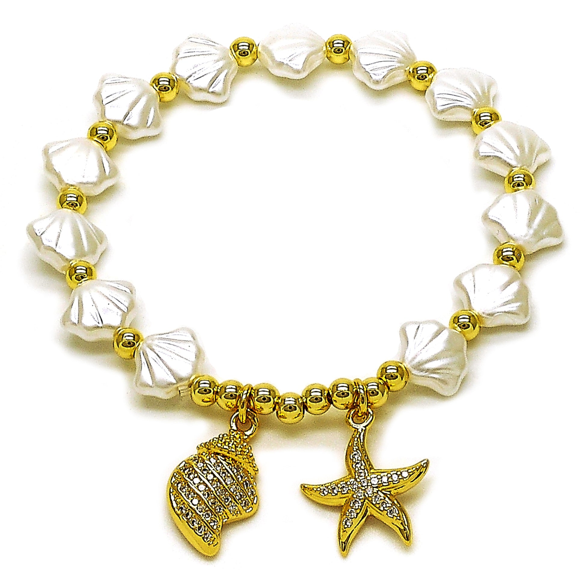 Oro Laminado Fancy Bracelet, Gold Filled Style Star Design, with Ivory Pearl and White Micro Pave, Polished, Golden Finish