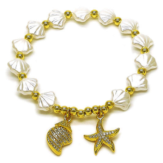Oro Laminado Fancy Bracelet, Gold Filled Style Star Design, with Ivory Pearl and White Micro Pave, Polished, Golden Finish