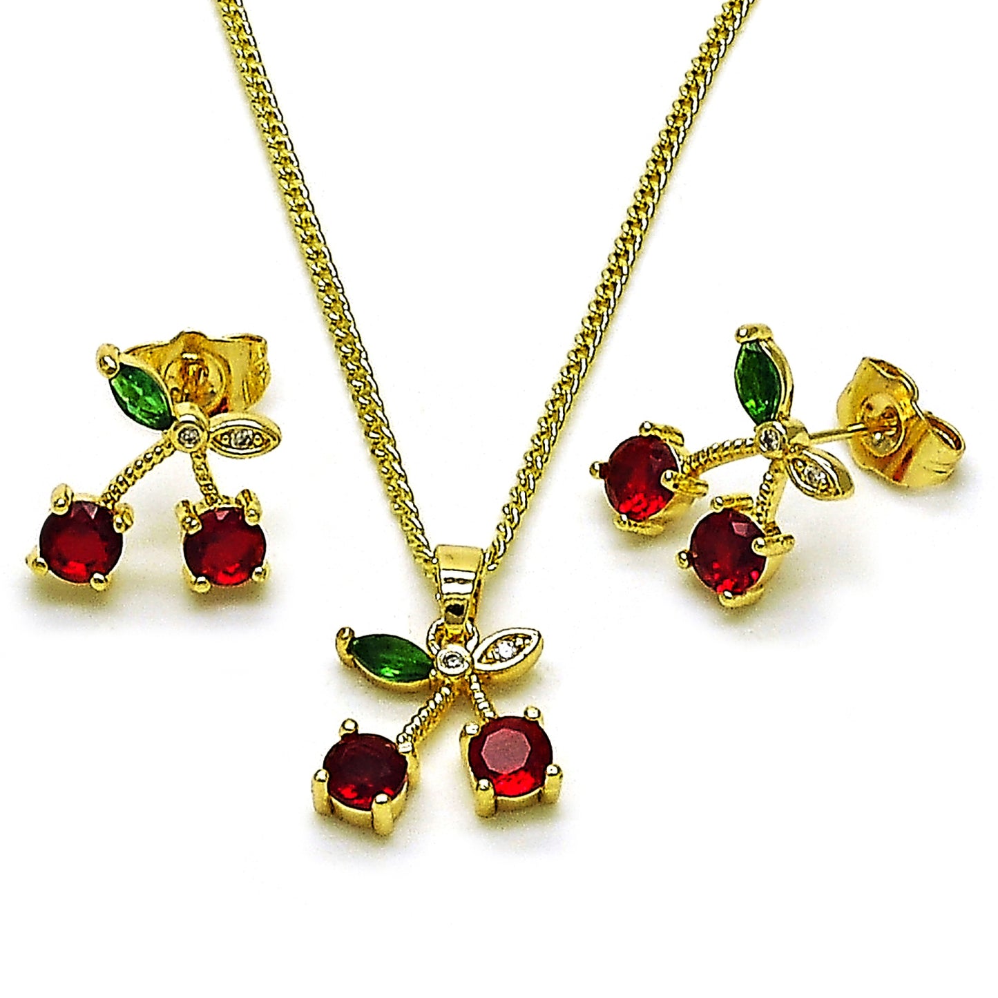 Oro Laminado Earring and Pendant Adult Set, Gold Filled Style Cherry Design, with Garnet and Green Cubic Zirconia, Polished, Golden Finish