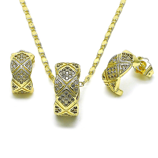 Oro Laminado Earring and Pendant Adult Set, Gold Filled Style with White Micro Pave, Polished, Golden Finish
