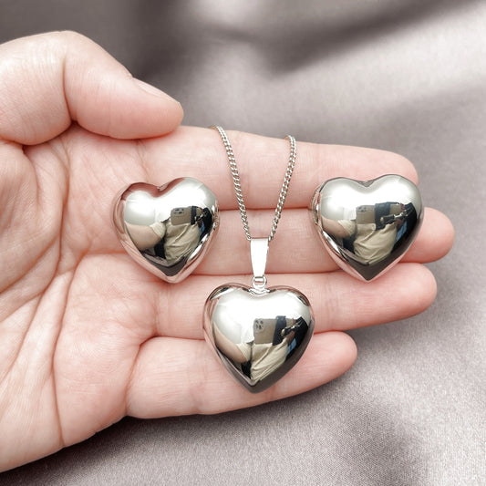 Rhodium Plated Earring and Pendant Adult Set, Chunky and Hollow Design, Polished, Rhodium