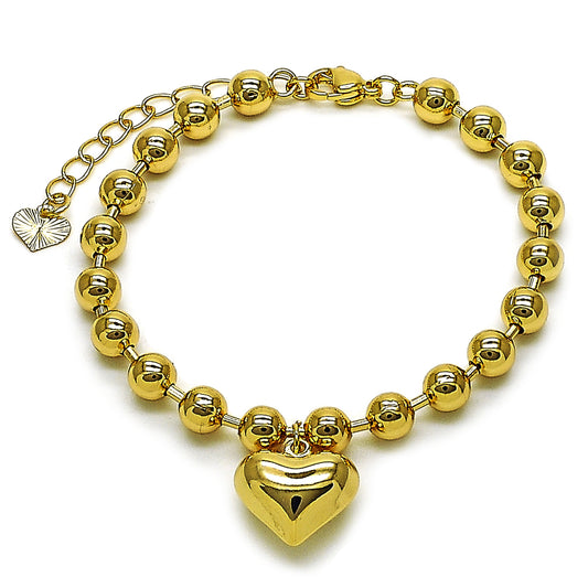 Gold Plated Gold Filled Oro Laminado Oro Laminado Fancy Bracelet, Gold Filled Style Heart and Ball Design, Polished, Golden 
