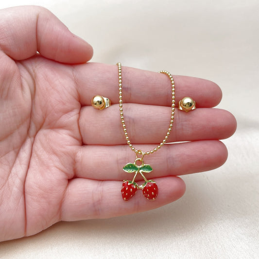 Oro Laminado Earring and Pendant Adult Set, Gold Filled Style Strawberry and Ball Design, Red Enamel
