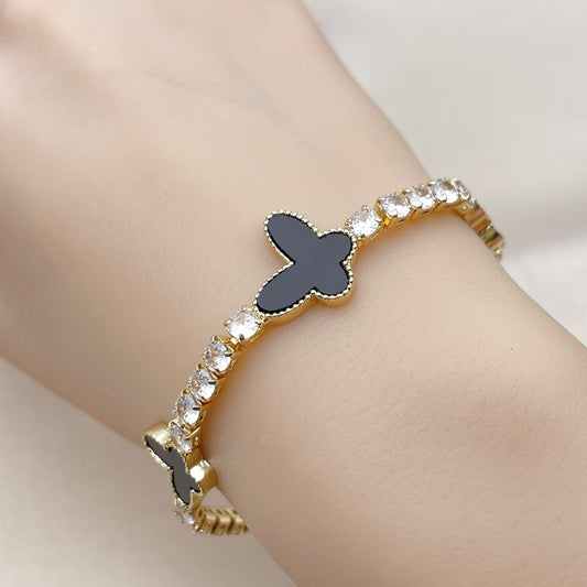 Oro Laminado Fancy Bracelet, Gold Filled Style Butterfly Design, with Black Mother of Pearl and White Cubic Zirconia, Polished, Golden