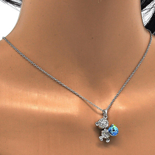 Rhodium Plated Pendant Necklace, Teddy Bear Design, with Aquamarine and Aurore Boreale Swarovski Crystals, Polished, Rhodium Finish