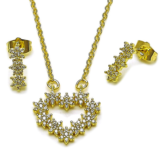 Gold Plated Gold Filled Oro Laminado Oro Laminado Earring and Pendant Adult Set, Gold Filled Style Heart and Flower Design, with White Cubic Zirconia, Polished, Golden 