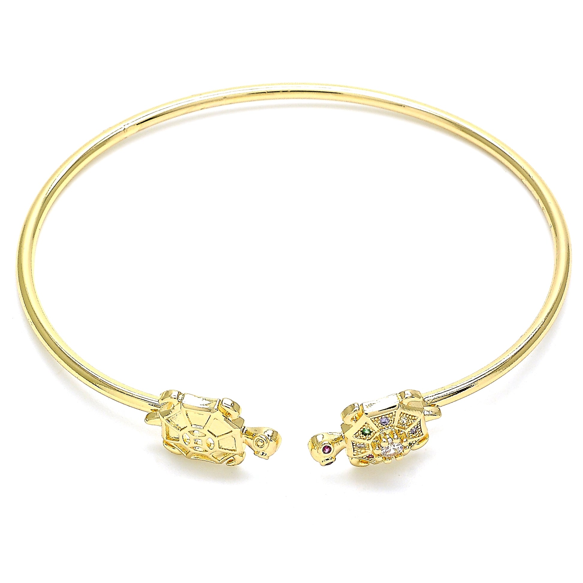 Oro Laminado Individual Bangle, Gold Filled Style Turtle Design, with Multicolor Micro Pave, Polished, Golden Finish