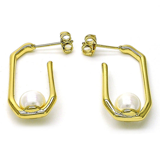 Oro Laminado Small Hoop, Gold Filled Style Ball Design, with Ivory Pearl, Polished, Golden Finish