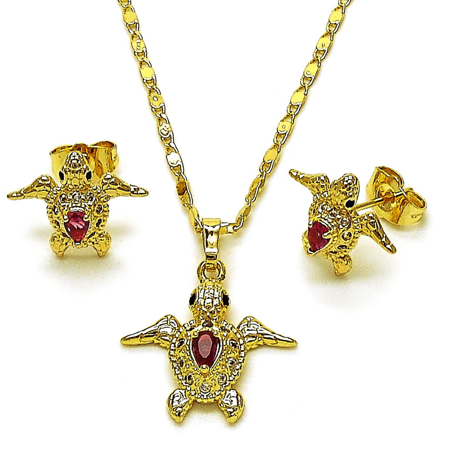 Oro Laminado Earring and Pendant Adult Set, Gold Filled Style Turtle Design, with Ruby and White Cubic Zirconia, Polished, Golden Finish