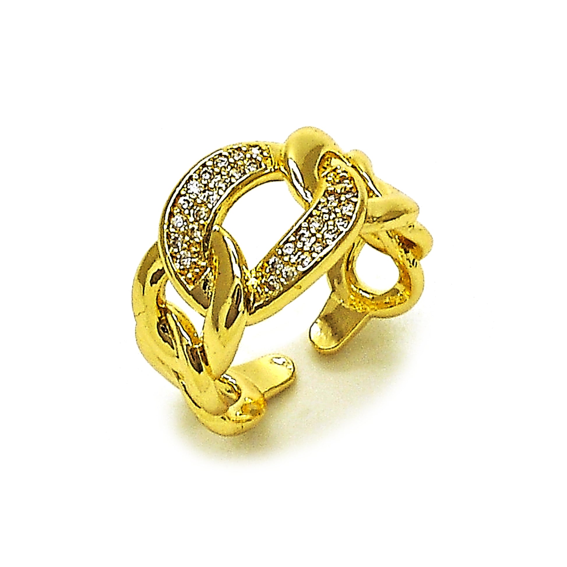 Oro Laminado Multi Stone Ring, Gold Filled Style Curb Design, with White Micro Pave, Polished, Golden Finish