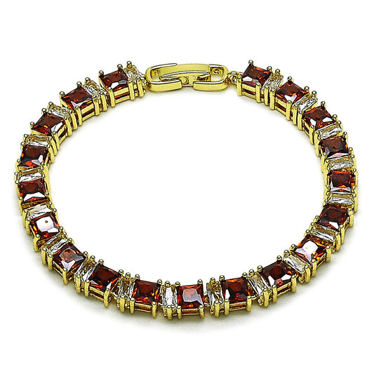 Gold Plated Gold Filled Oro Laminado Oro Laminado Tennis Bracelet, Gold Filled Style Baguette Design, with Garnet and White Cubic Zirconia, Polished, Golden 
