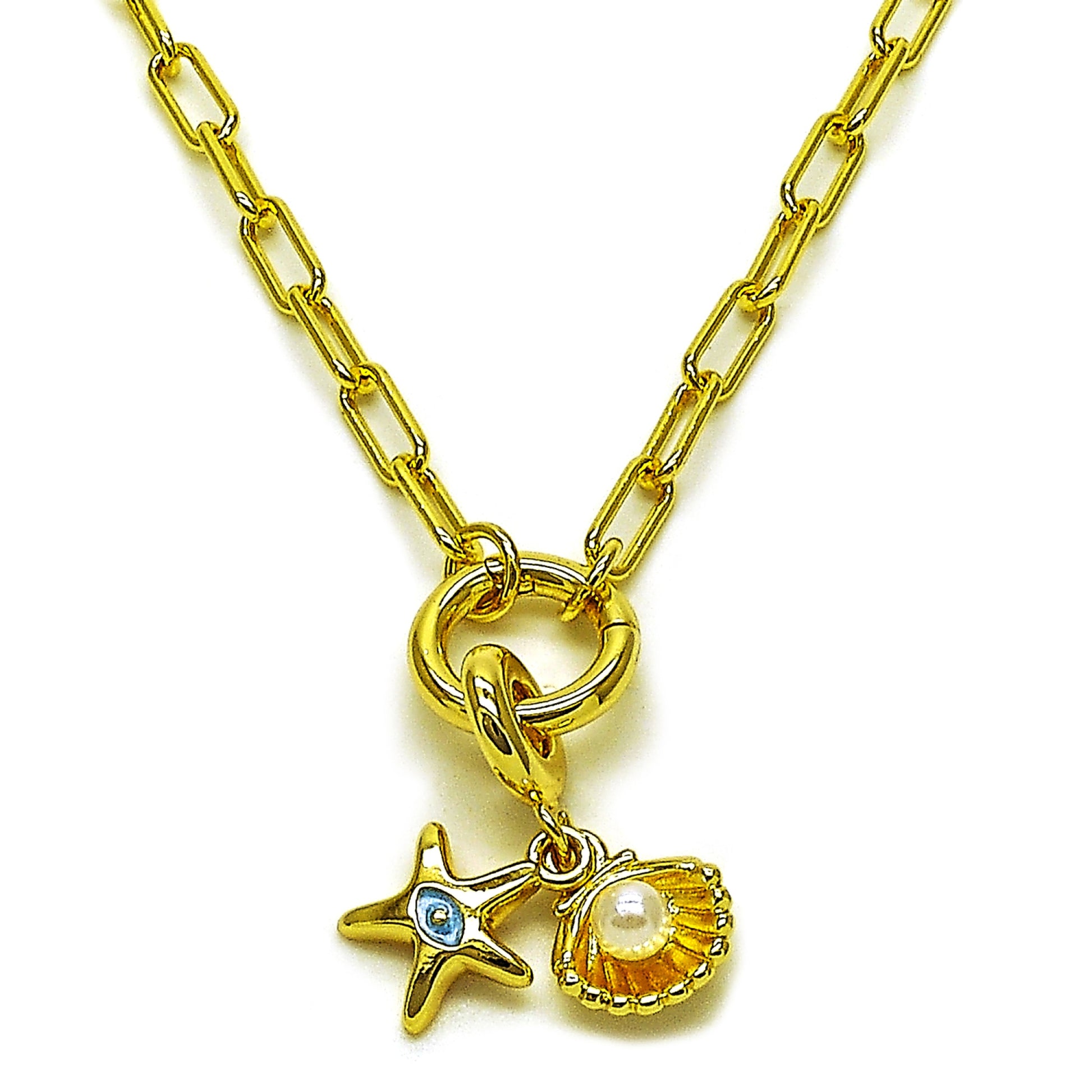 Oro Laminado Fancy Necklace, Gold Filled Style Paperclip and Shell Design, with Ivory Pearl, Polished, Golden Finish