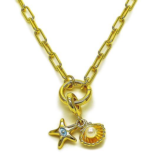 Oro Laminado Fancy Necklace, Gold Filled Style Paperclip and Shell Design, with Ivory Pearl, Polished, Golden Finish