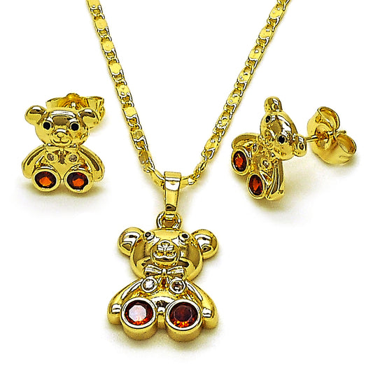 Oro Laminado Earring and Pendant Adult Set, Gold Filled Style Teddy Bear Design, with Garnet and White Cubic Zirconia, Polished, Golden Finish