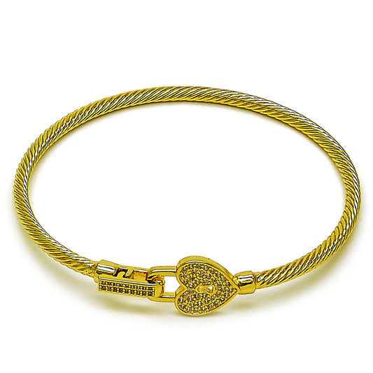 Gold Plated Gold Filled Oro Laminado Oro Laminado Individual Bangle, Gold Filled Style Heart and Lock Design, with White Micro Pave, Polished, Golden 